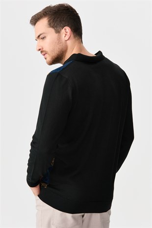 Мужской свитер с вырезом поло и рисунком спереди черный 