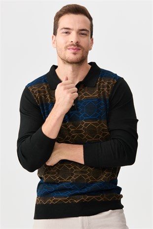 Мужской свитер с вырезом поло и рисунком спереди черный 