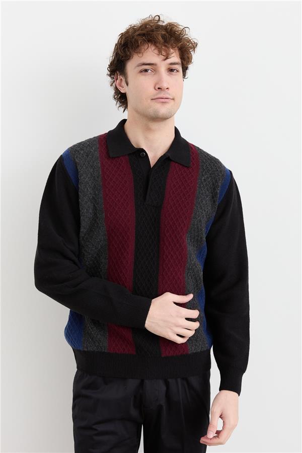 Мужской шерстяной свитер с воротником поло и узором спереди