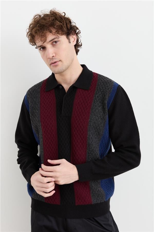 Мужской шерстяной свитер с воротником поло и узором спереди