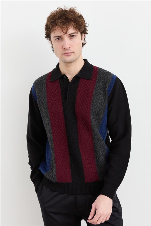 Мужской шерстяной свитер с воротником поло и узором спереди