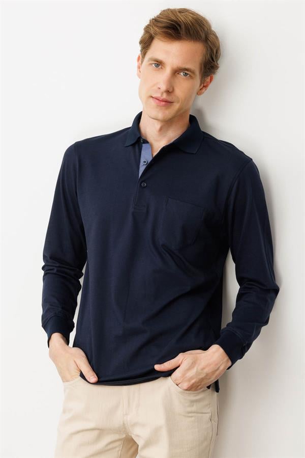 Erkek Polo Yaka Pike Dokuma Sweatshirt K.Lacivert