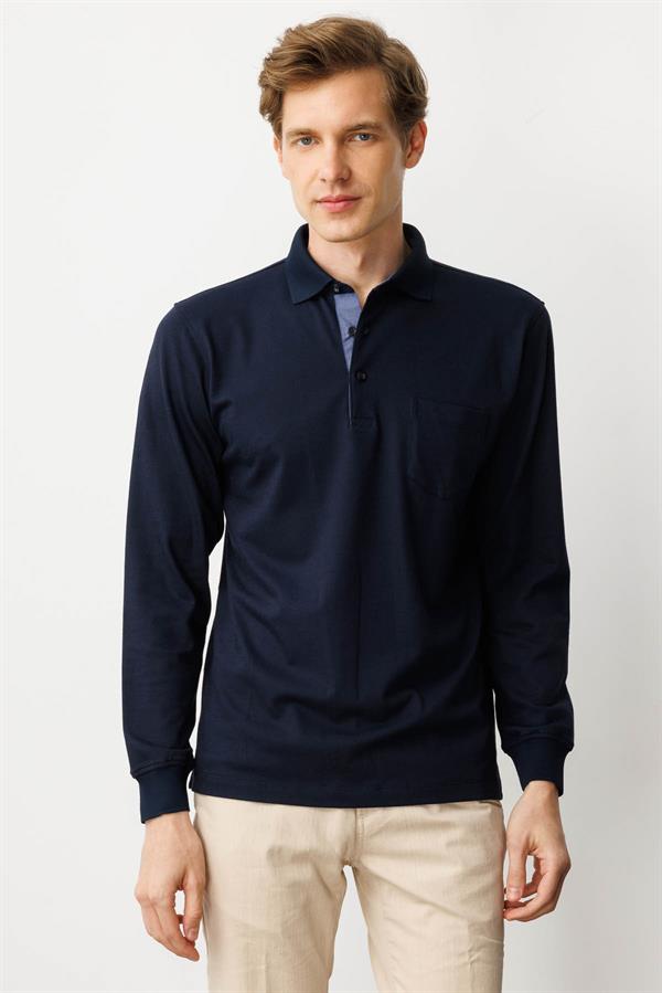 Erkek Polo Yaka Pike Dokuma Sweatshirt K.Lacivert