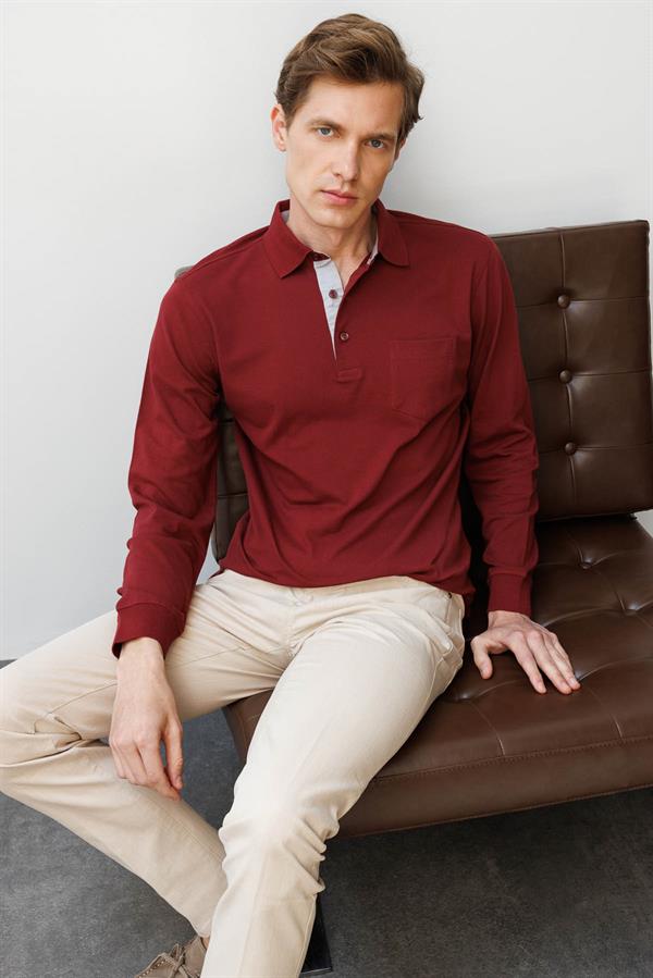 Erkek Polo Yaka Pike Dokuma Sweatshirt Bordo