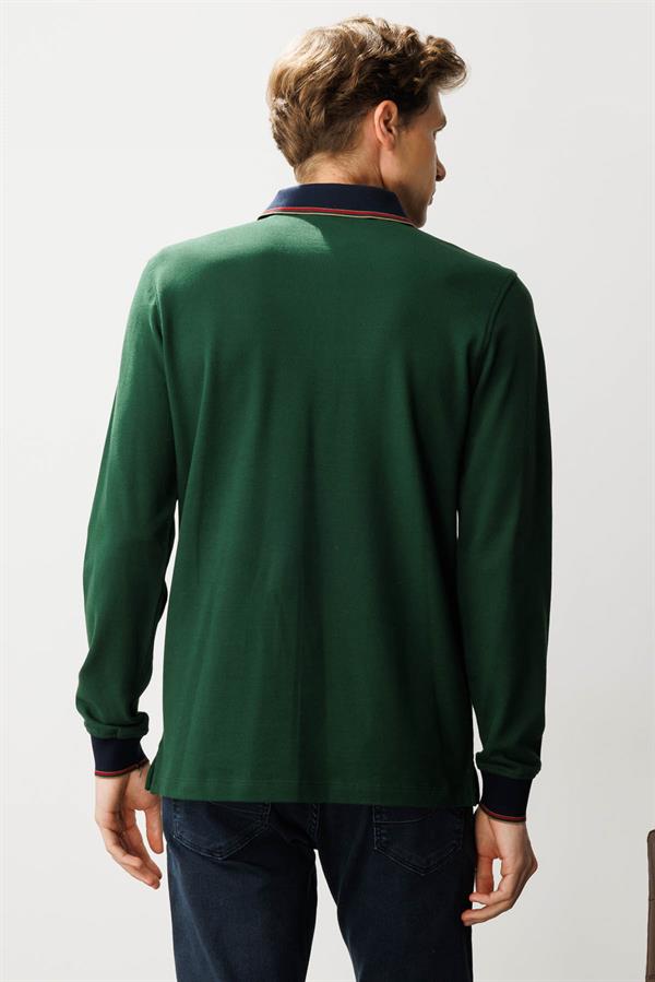 Erkek Polo Yaka Pike Dokuma Sweatshirt Yeşil