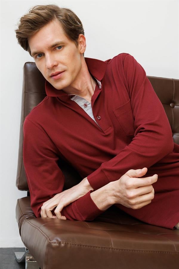 Erkek Polo Yaka Pike Dokuma Sweatshirt Bordo