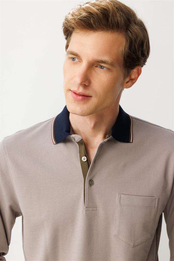 Erkek Polo Yaka Pike Dokuma Sweatshirt Bej