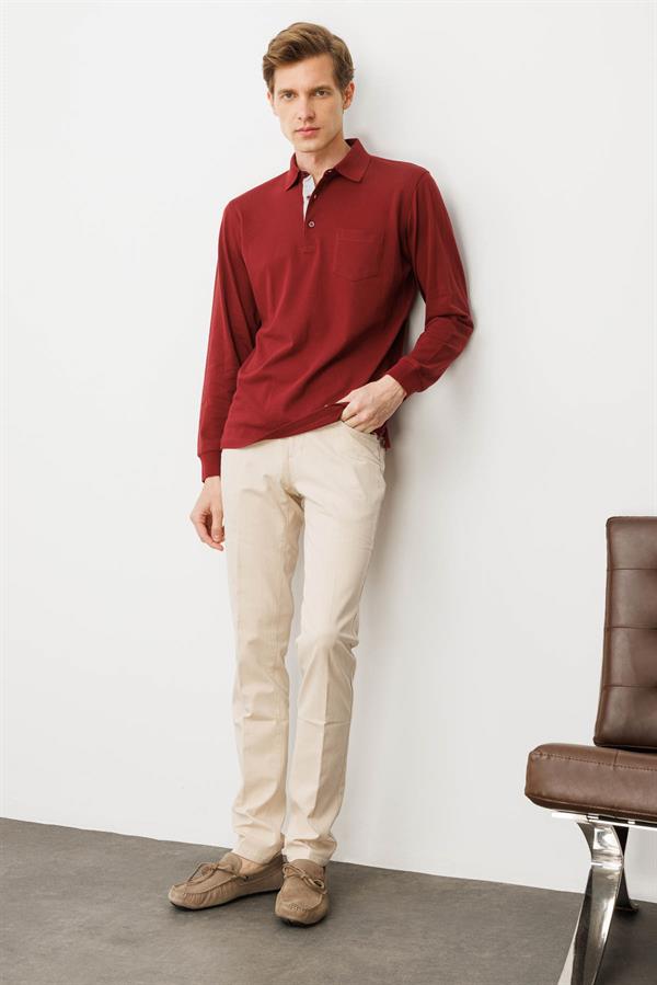 Erkek Polo Yaka Pike Dokuma Sweatshirt Bordo