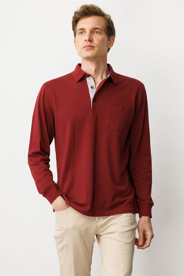 Erkek Polo Yaka Pike Dokuma Sweatshirt Bordo