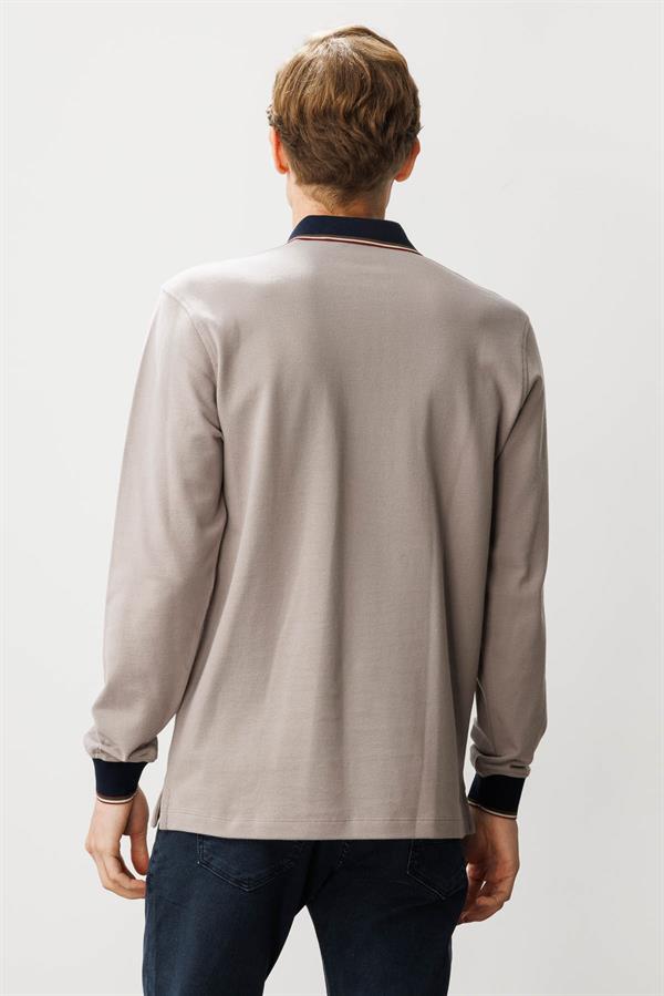 Erkek Polo Yaka Pike Dokuma Sweatshirt Bej