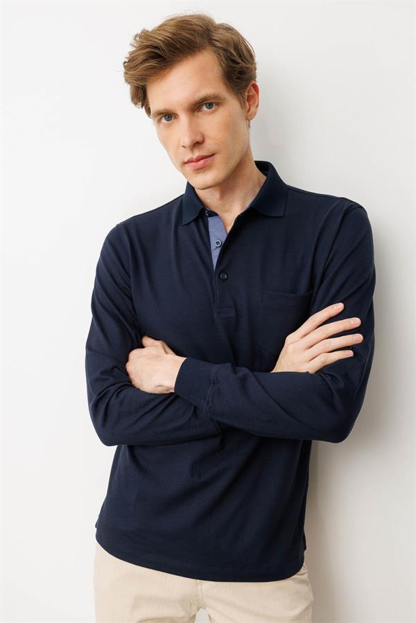 Erkek Polo Yaka Pike Dokuma Sweatshirt K.Lacivert