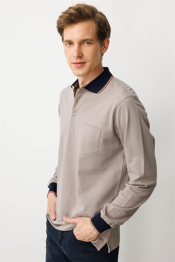Erkek Polo Yaka Pike Dokuma Sweatshirt Bej