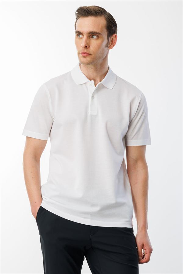 Erkek Polo Yaka Pike Merserize T-shirt Beyaz