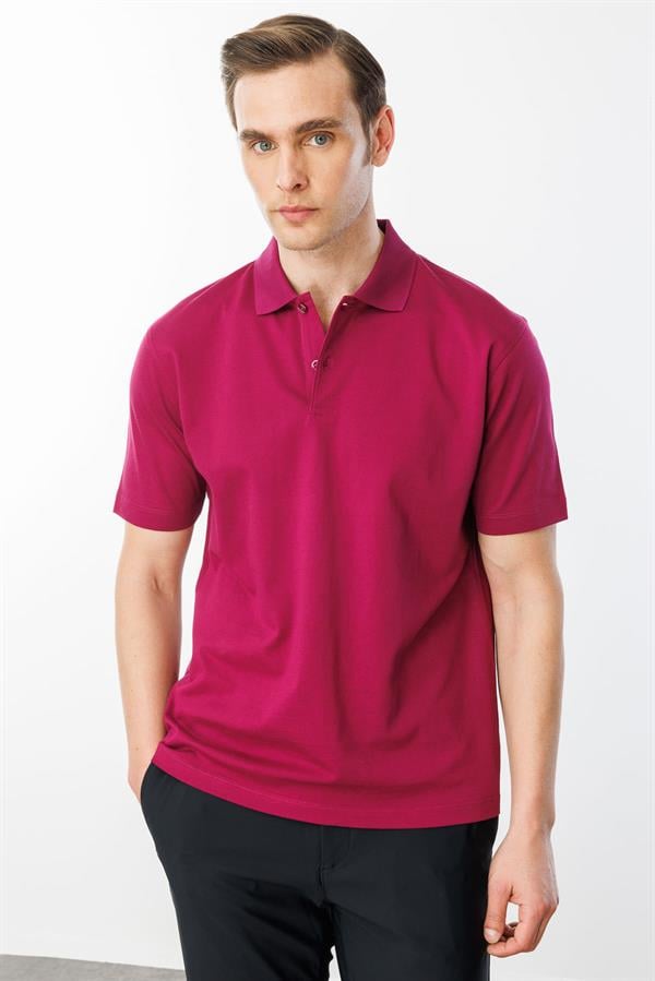 Erkek Polo Yaka Pike Merserize T-shirt Fuşya