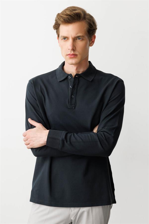 Erkek Polo Yaka Sweatshirt Füme