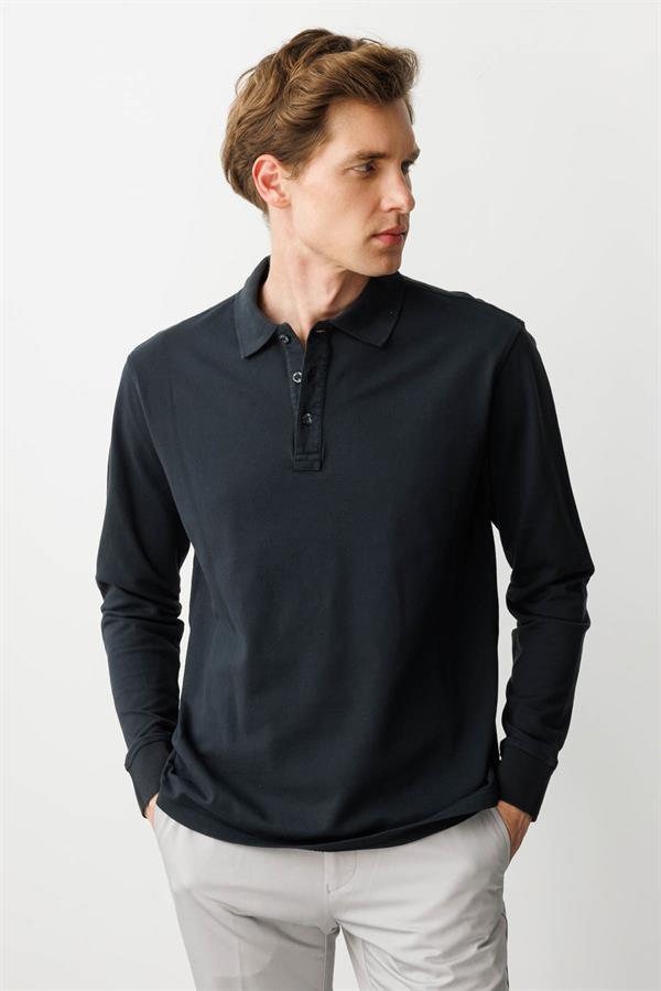 Erkek Polo Yaka Sweatshirt Füme