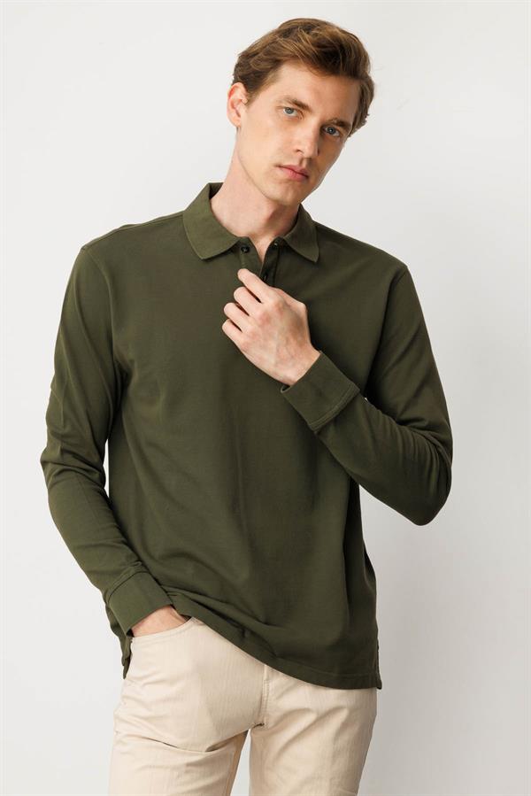 Erkek Polo Yaka Sweatshirt Haki