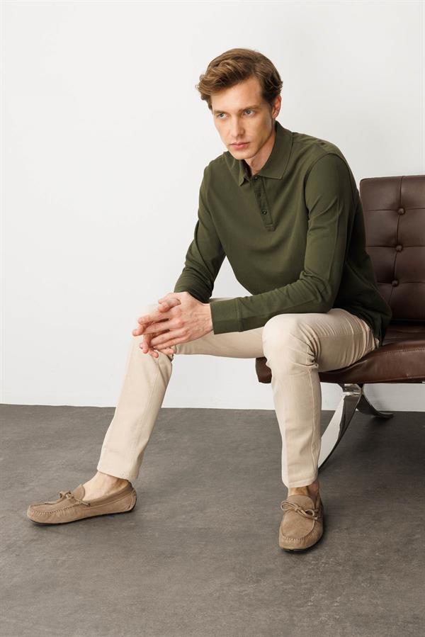 Erkek Polo Yaka Sweatshirt Haki