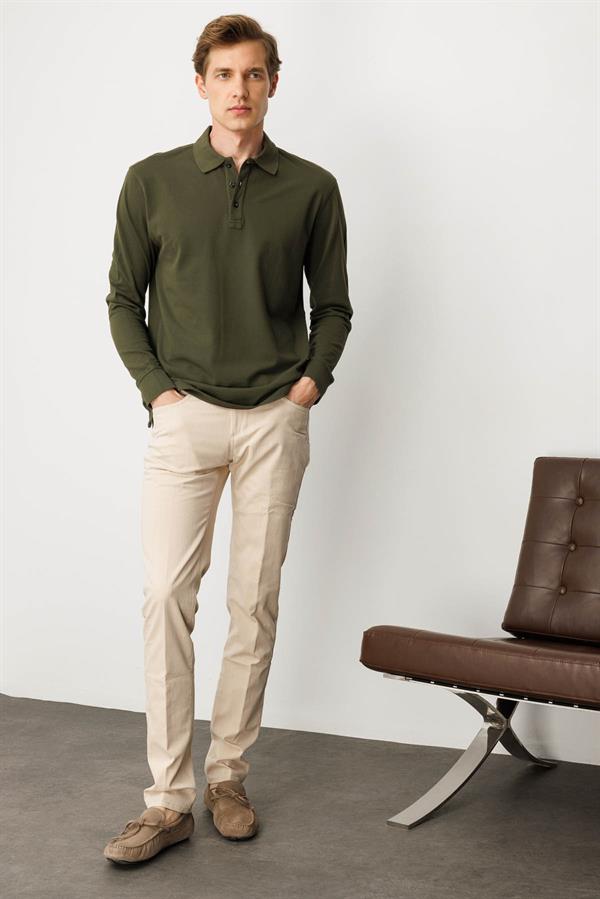 Erkek Polo Yaka Sweatshirt Haki