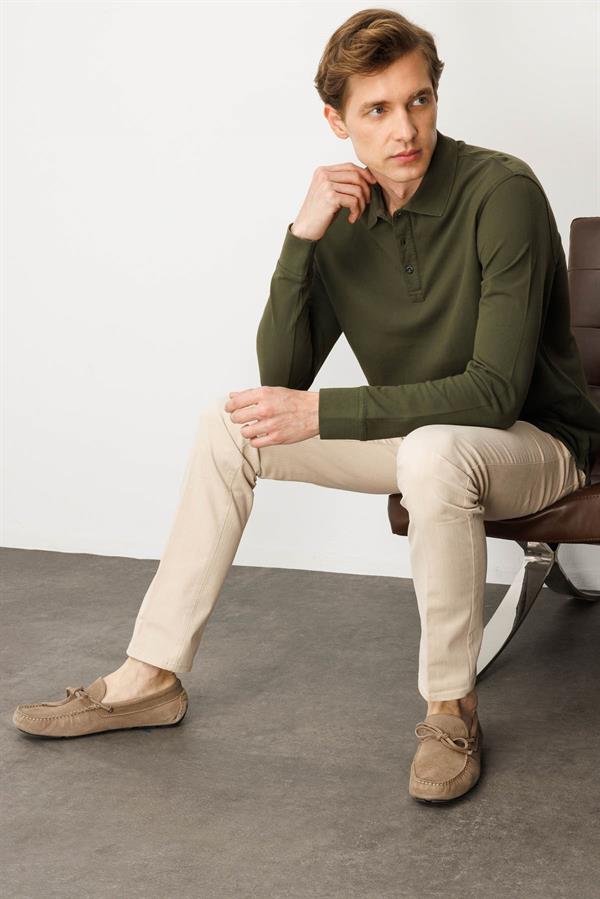 Erkek Polo Yaka Sweatshirt Haki