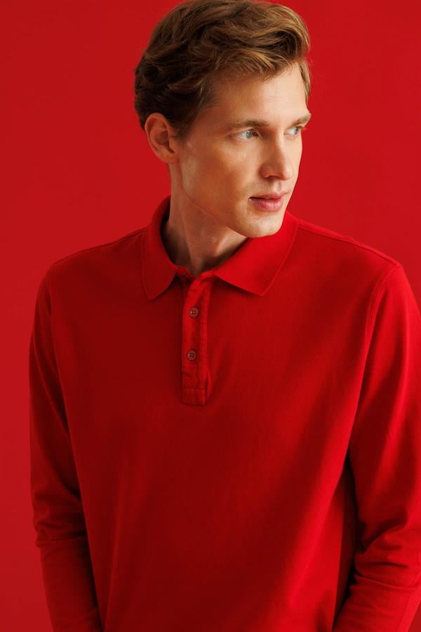 Erkek Polo Yaka Sweatshirt Kırmızı