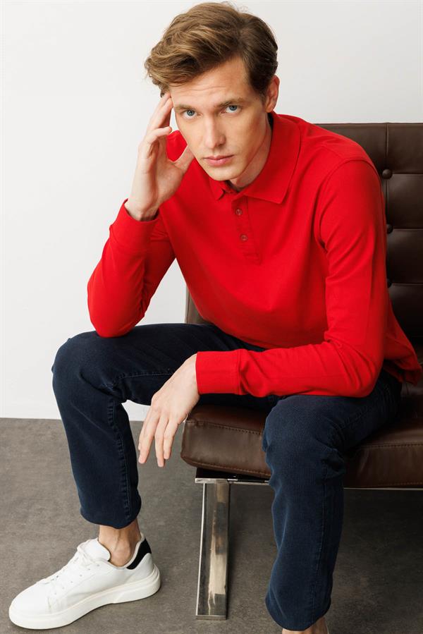 Erkek Polo Yaka Sweatshirt Kırmızı