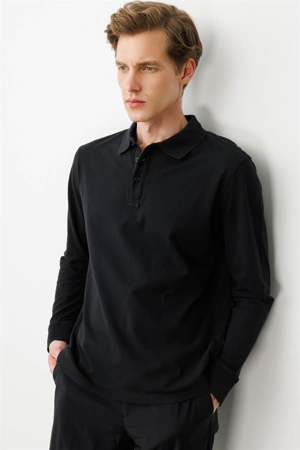 Erkek Polo Yaka Sweatshirt Siyah