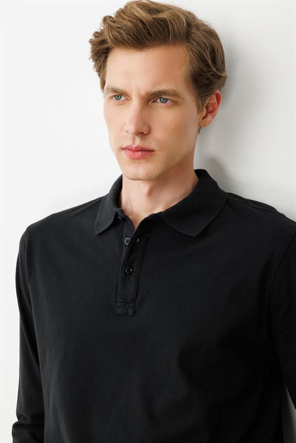 Erkek Polo Yaka Sweatshirt Siyah