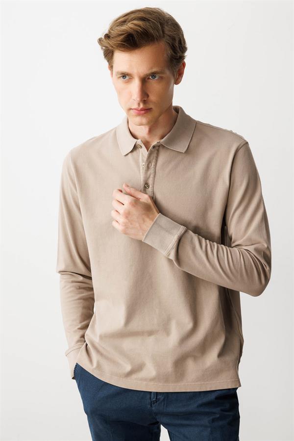 Erkek Polo Yaka Sweatshirt Vizon