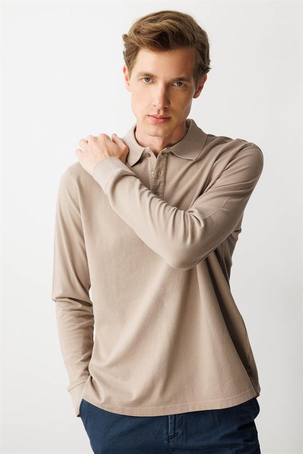 Erkek Polo Yaka Sweatshirt Vizon