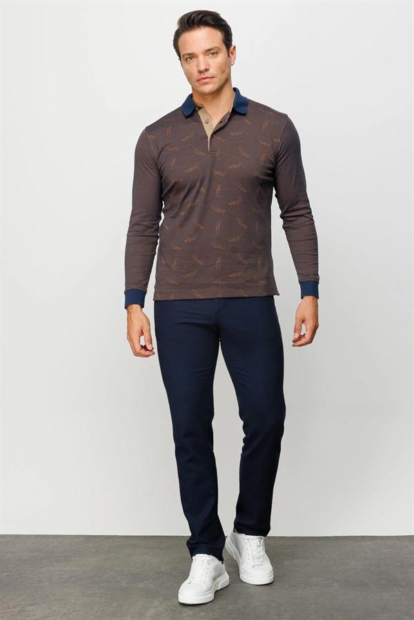 Erkek Polo Yaka Tüy Desenli Sweatshirt Kahve