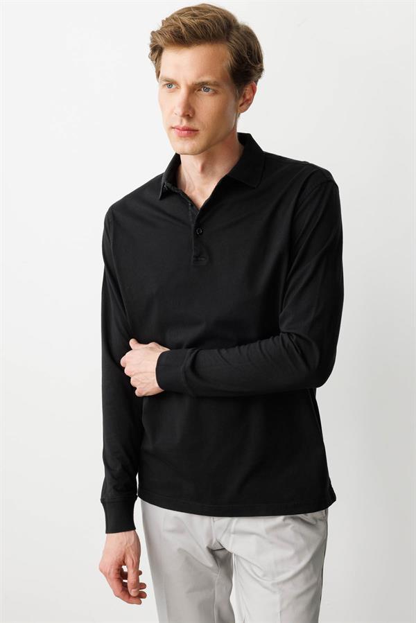 Erkek Polo Yaka Uzun Kollu Sweatshirt Siyah