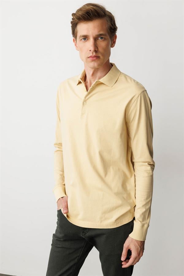 Erkek Polo Yaka Uzun Kollu Sweatshirt Sarı