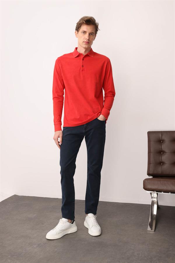 Erkek Polo Yaka Uzun Kollu Sweatshirt Kırmızı