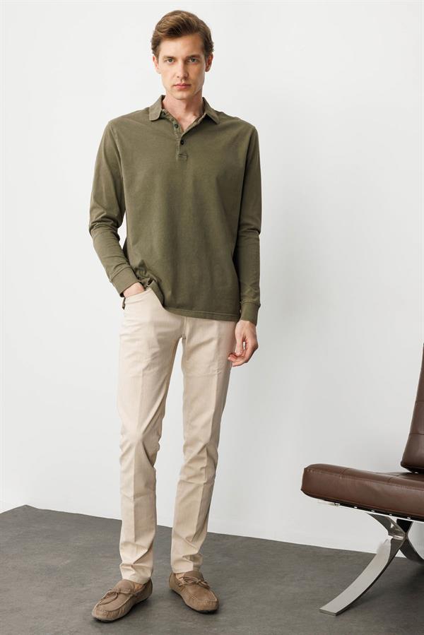 Erkek Polo Yaka Uzun Kollu Sweatshirt Haki