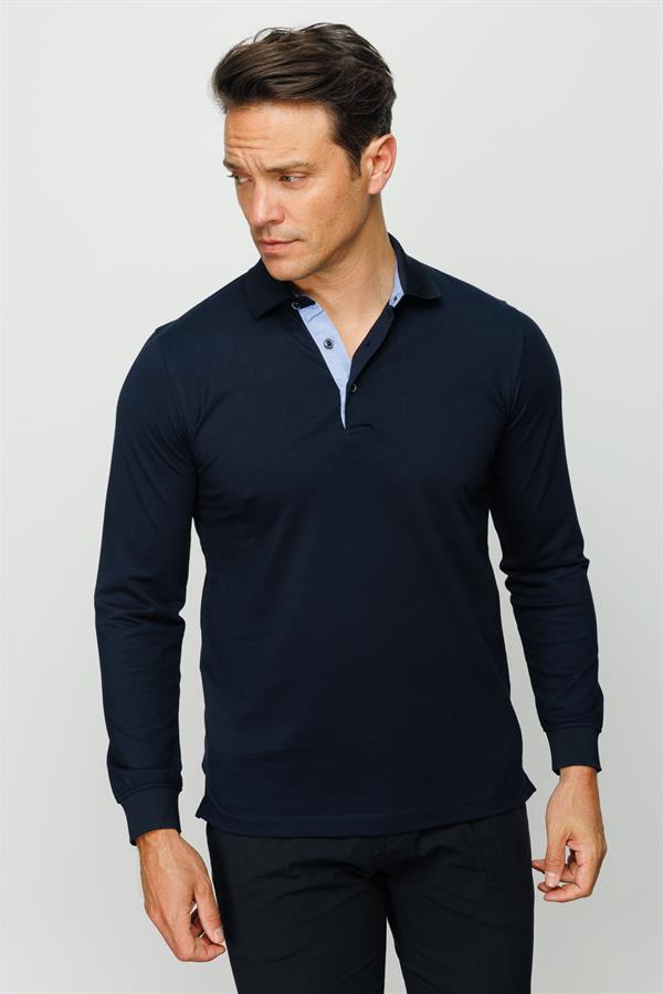 Erkek Polo Yaka Uzun Kollu Sweatshirt Lacivert