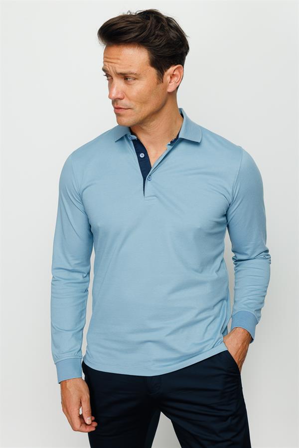 Мужской свитшот с воротником поло и длинными рукавами голубой