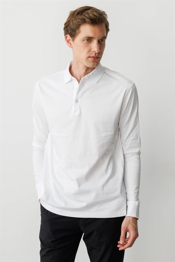 Erkek Polo Yaka Uzun Kollu Sweatshirt Beyaz