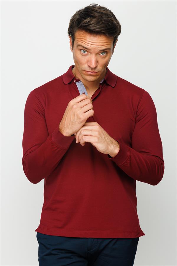 Мужской свитшот с воротником поло и длинными рукавами бордовый