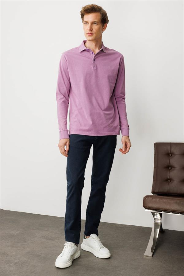 Erkek Polo Yaka Uzun Kollu Sweatshirt Lila