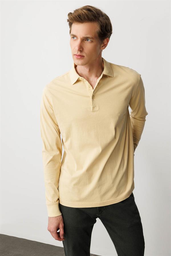 Erkek Polo Yaka Uzun Kollu Sweatshirt Sarı