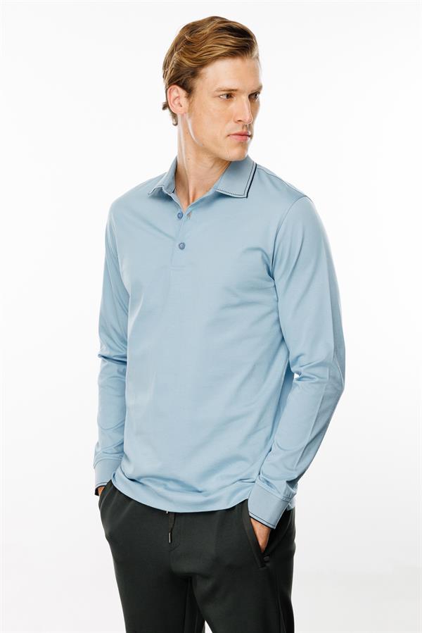 Erkek Polo Yaka Uzun Kollu Sweatshirt Mavi