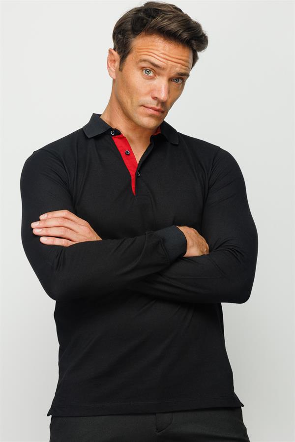 Erkek Polo Yaka Uzun Kollu Sweatshirt Siyah