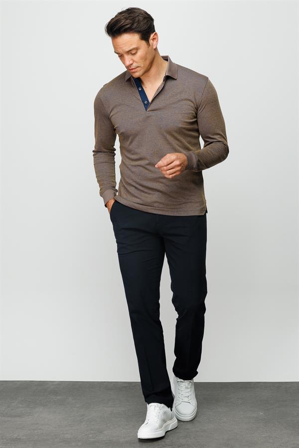 Erkek Polo Yaka Uzun Kollu Sweatshirt S.Kahve