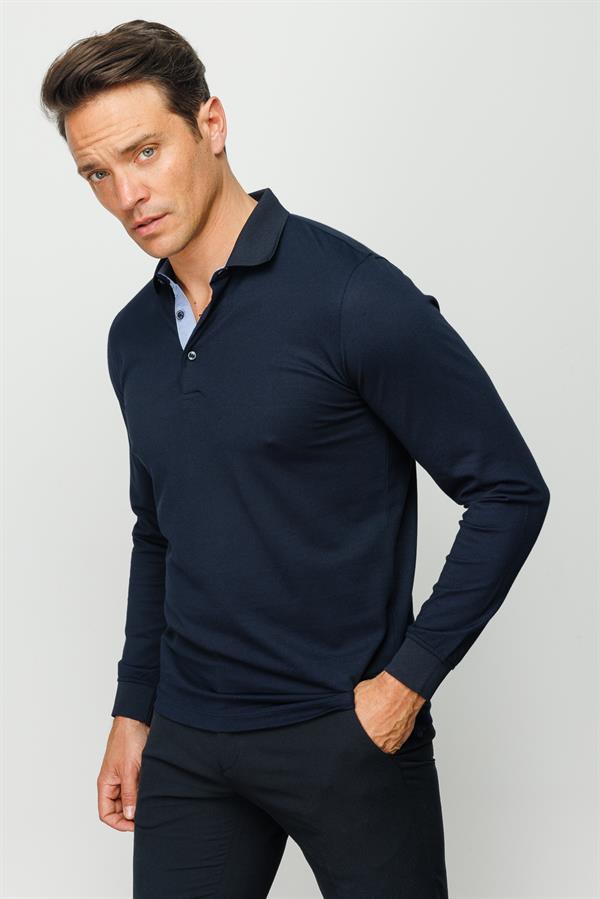 Erkek Polo Yaka Uzun Kollu Sweatshirt Lacivert
