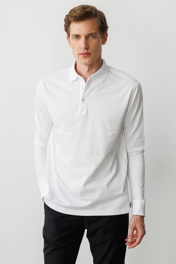 Erkek Polo Yaka Uzun Kollu Sweatshirt Beyaz
