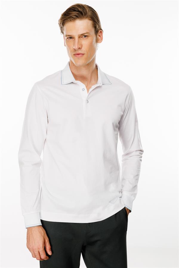 Erkek Polo Yaka Uzun Kollu Sweatshirt Beyaz