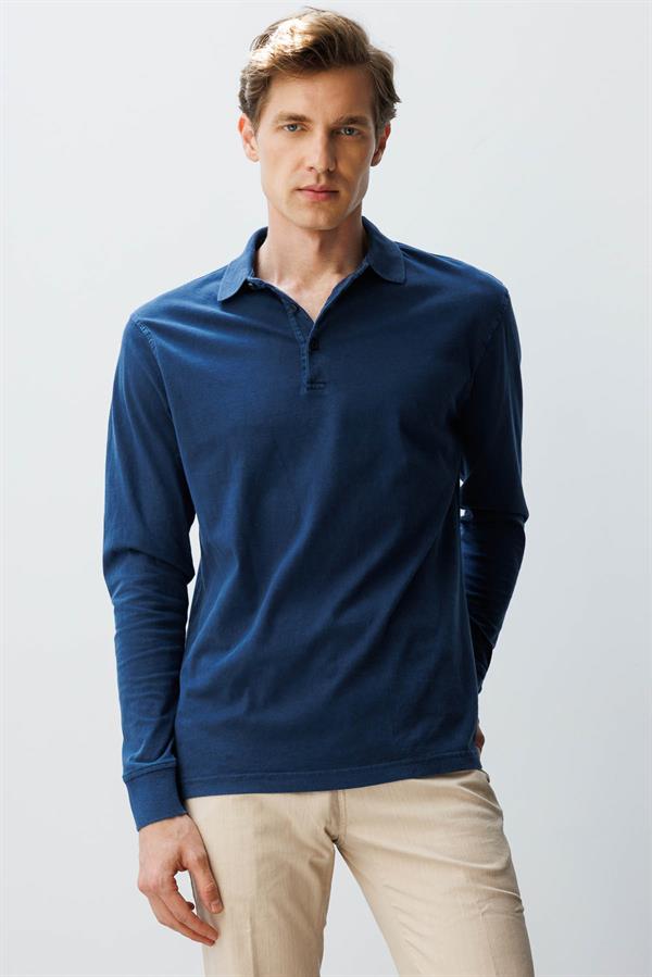 Erkek Polo Yaka Uzun Kollu Sweatshirt Lacivert