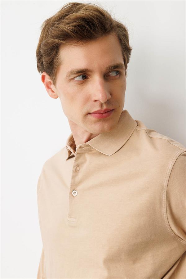 Erkek Polo Yaka Uzun Kollu Sweatshirt K.Bej