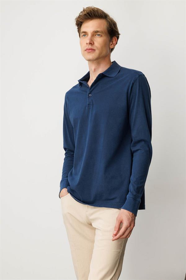 Erkek Polo Yaka Uzun Kollu Sweatshirt Lacivert